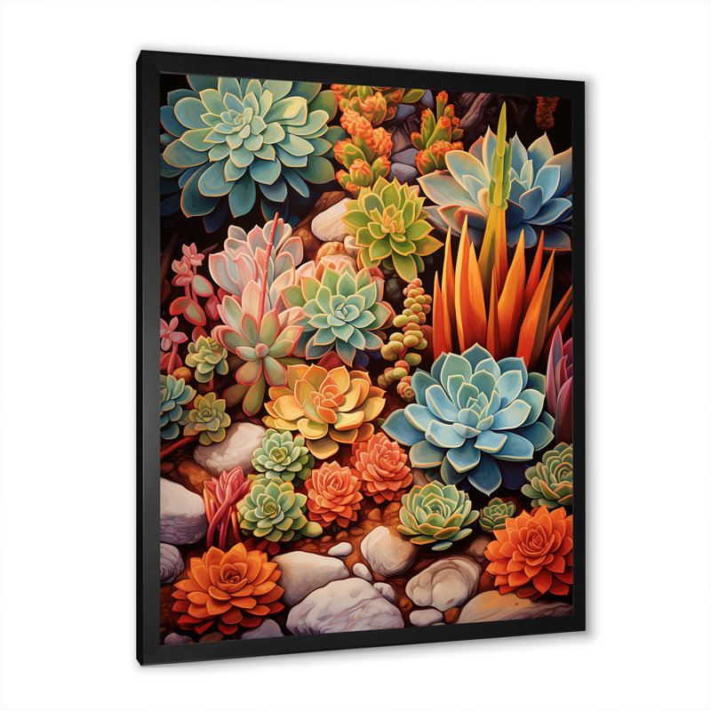«Sessimore Green Orange Succulents Desert Gems», reproduction sur toile, Cadre photo noir, H 32 po x l 24 po x P 1 po