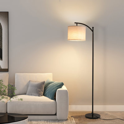 63" Black Arched Floor Lamp with 3 Color Temperatures, Remote Control & Fabric Drum Shade, Modern Farmhouse Over-Couch Reading Standing Lamp