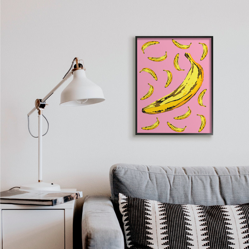 Bananes mûres fantaisistes, fruits tropicaux, jaune, rose, H 30 po x l 24 po, Giclée encadrée noir minuit