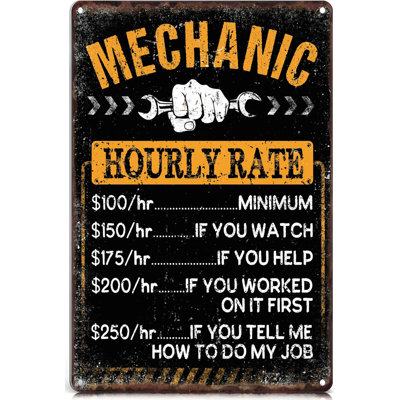 Garage Signs Funny Mechanic Gifts for Men/Dad/Husband - Mechanic Hourly Rate Metal Signs Vintage - Shop/Man Cave/Garage Decor - Workshop Tin Signs 12x8 Inch