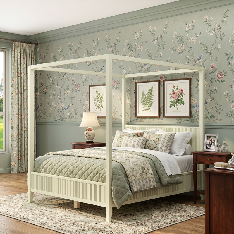 Lit plateforme à baldaquin en bois avec tête de lit cannelée, Beige, Queen