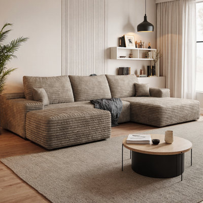 107" U-Shaped Cloud Sectional Sofa with Ottoman, Plush Corduroy Fabric Deep Seat Corner Couch, Modern Minimalist Living Room Furniture, No Assembly Re