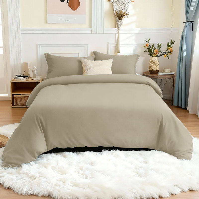 Microfiber 250 TC Reversible 4 piece Plain Duvet Cover Set with Pillowcases, Double Duvet Cover + 4 Additional Pieces, Beige