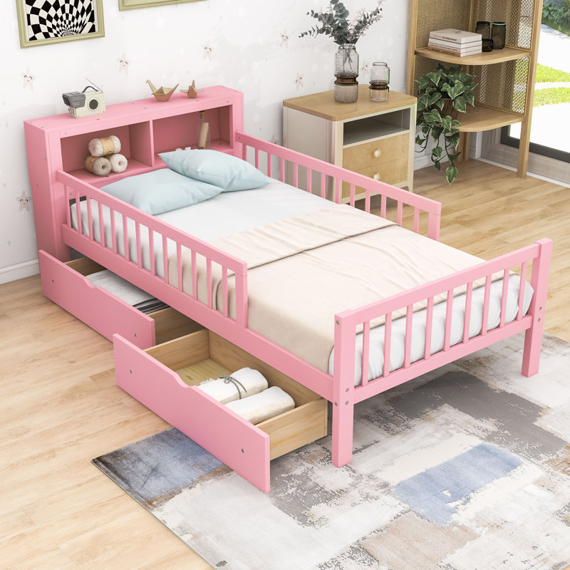 Lit simple en bois avec support de tête de lit et deux tiroirs, Rose