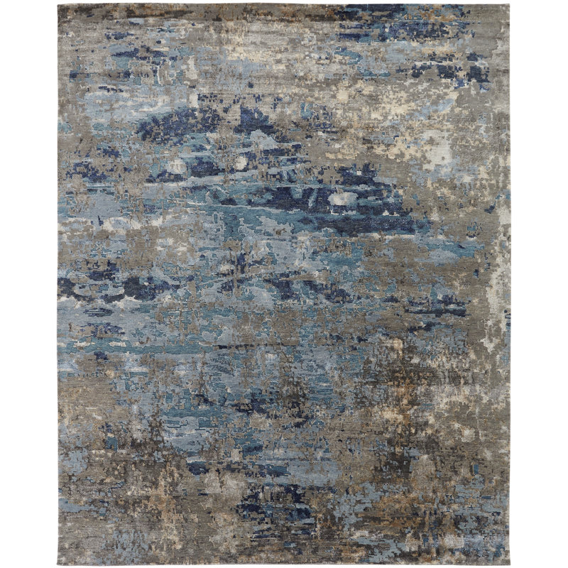 Hand Knotted Area Rug in Blue, Rectangle 3' x 5'