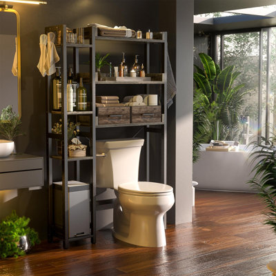 Over The Toilet Storage, 7 Tier Bathroom Organizer with Reversible Side Shelf and 2 Fabric Drawers, Adjustable Freestanding Rack Space Saver for Small