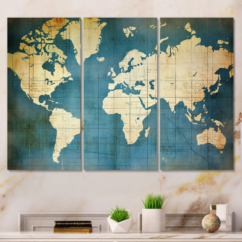 Ancienne carte du monde VI - 3 pièces sur toile tendue, H 32 po x l 48 po x P 1 po