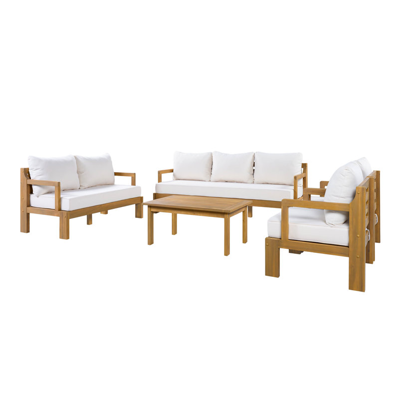 Sevara Modern Coastal Outdoor Acacia Wood Patio Chat Set With Water-Repellent Cushions, Deep Seating And Curved Back Design