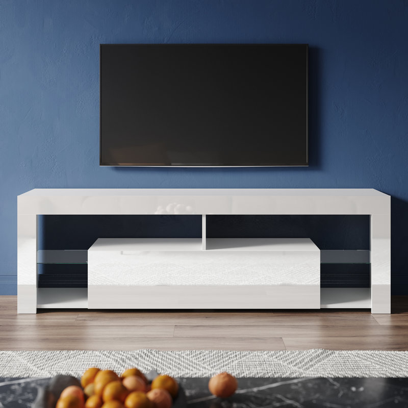 RGB Color Changing Light Mood TV Cabinet with Flip-Down Door, 50.5cm H x 140cm L x 35cm W, White