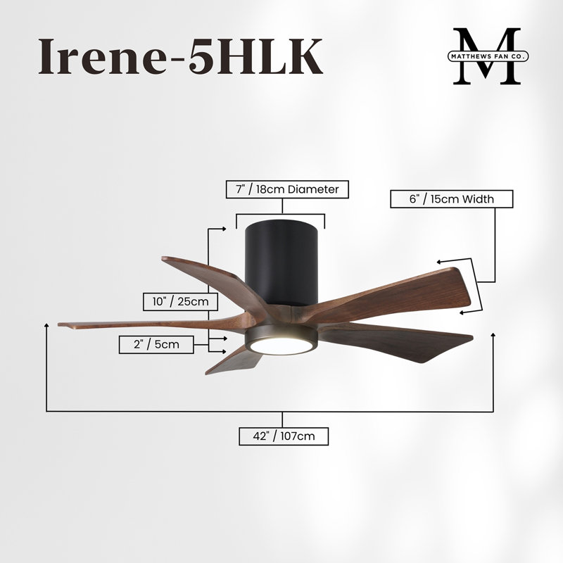 Irene Flushmount Light Kit 5 Blade LED Ceiling Fan, Matte Black, 42", Walnut Tone