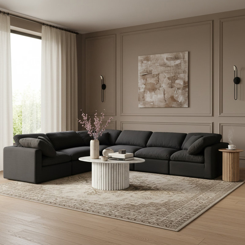 Canapé modulaire de coin rembourré 6 pièces Itala, Tissu texturé en lin noir