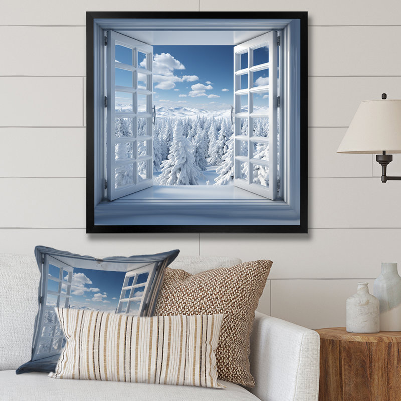 «Forest Winter Window View II - Winter Landscape», art mural, Cadre simple noir, H 36 po x l 36 po x P 1,5 po