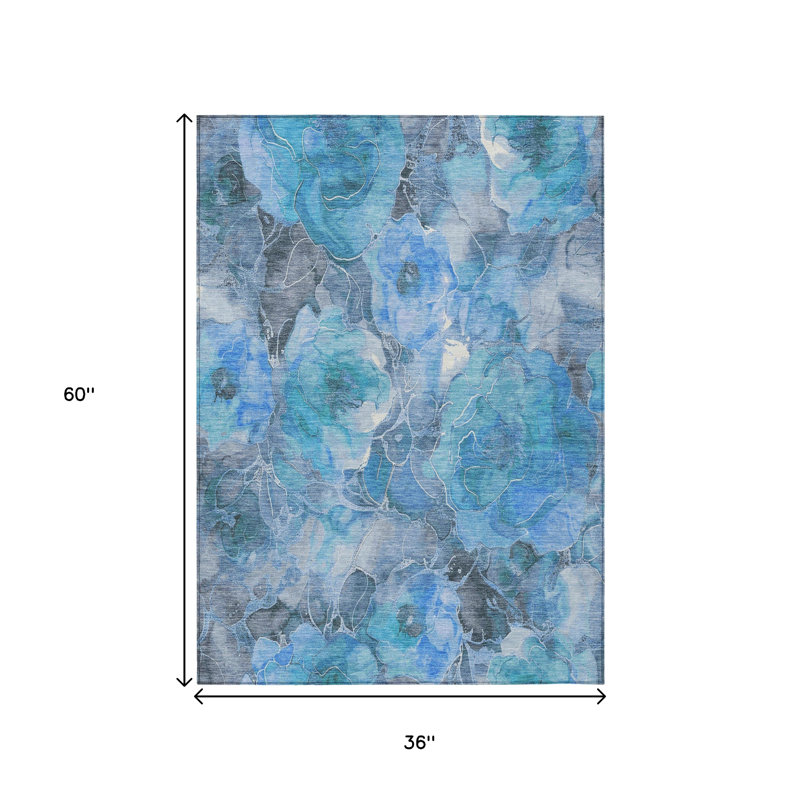 3' X 5' Blue And Gray Floral Washable Indoor Outdoor Area Rug