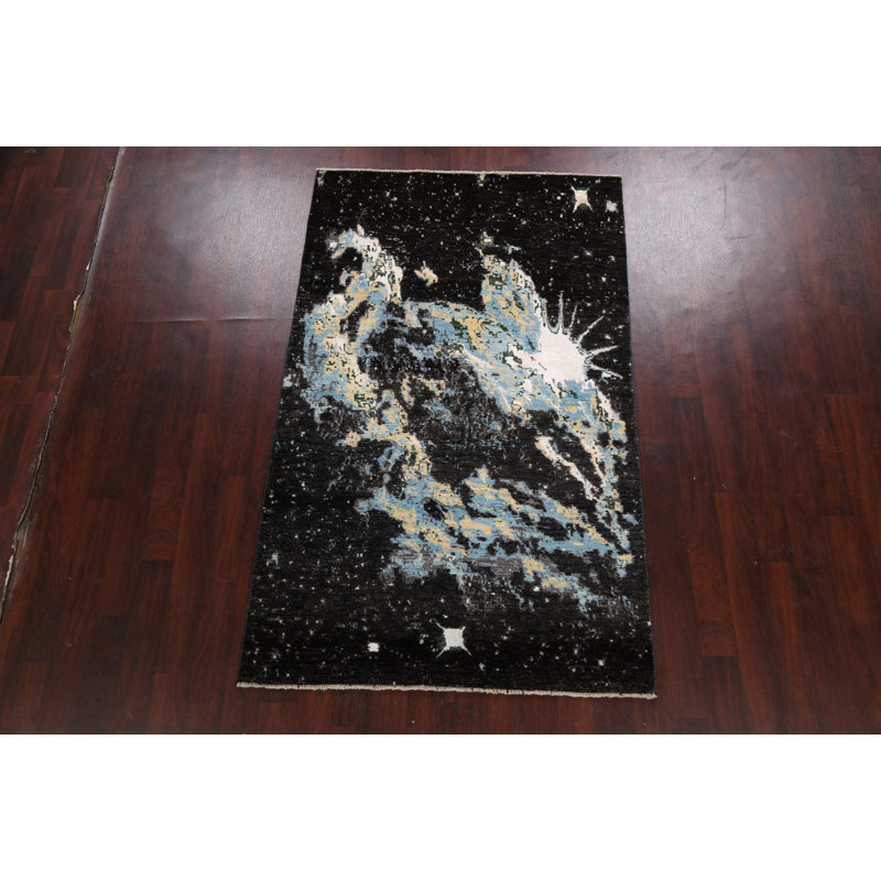 Tapis noir / bleu / beige noué à la main de conception unique 4 pi 7 po x 7 pi 5 po New Age
