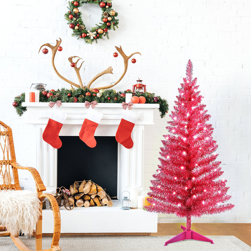 Arbre de Noël rouge de 4 pi avec 50 lumières UL et 122 pointes en PVC - Arbre de Noël artificiel pré-éclairé pour la décoration d'intérieur