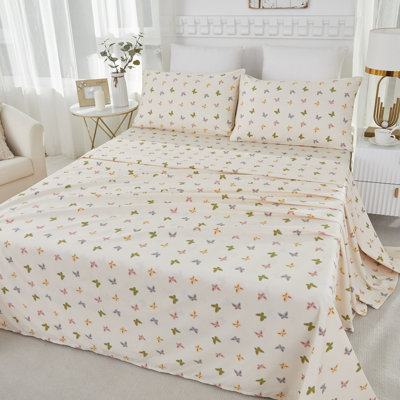100% Egyptian Cotton Fitted Sheet Set,4pcs 800 Thread Count Luxury Colorful Butterfly Shabby Chic Bedding Set, For Guest Room Student Dorm All Seasons