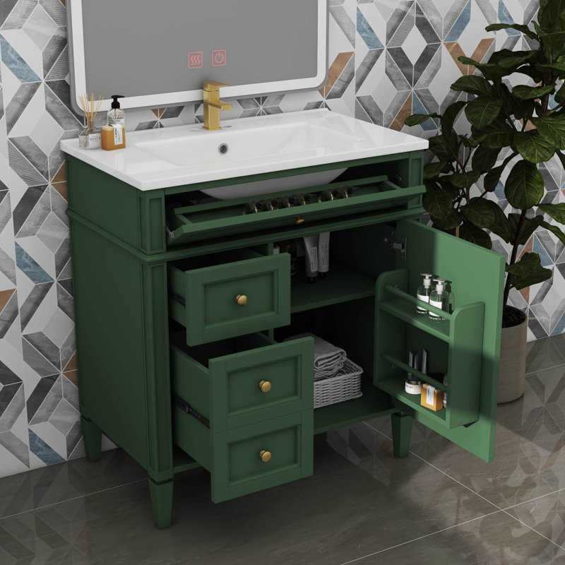 Meuble-lavabo de 30 po avec lavabo sur comptoir, armoire de rangement moderne avec 2 tiroirs et compartiment escamotable