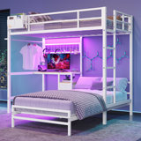 Lit superposé avec bureau et station de charge, lit mezzanine en métal, lit double avec lumières à DEL et tablettes de rangement et tiroirs, lit superposé en forme de L pour les adolescents