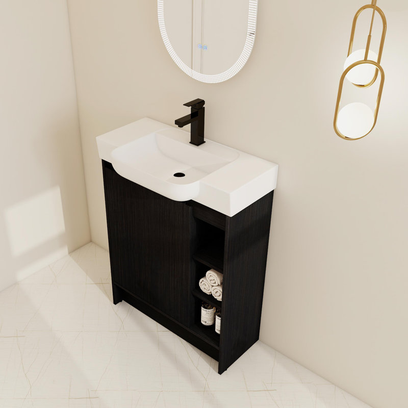 Ensemble de meuble-lavabo simple 28 po avec lavabo et tablettes en céramique, Noir
