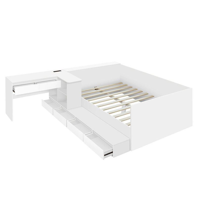 Lit plateforme double en bois avec 6 tiroirs, tablettes et coiffeuse, blanc