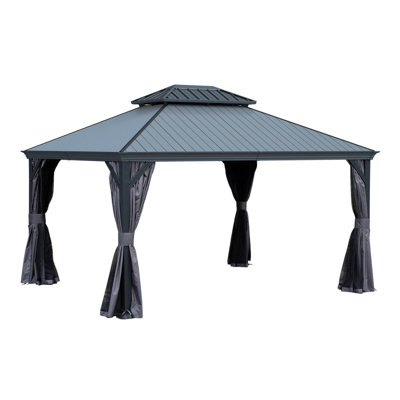 12'X14' Hardtop Gazebo With Resin Roof, Outdoor Metal Gazebo With Drainage Gutters, Permanent Heavy Duty Pavilion For Patio, Backyard And Deck, Curtains And Mosquito Netting Included