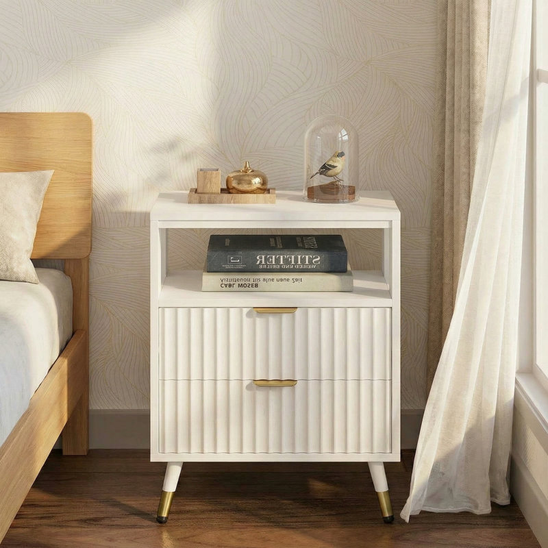 Mid-Century Modern 2-Drawer Nightstand , Fluted Bedside Table with Open Shelf, Storage End Table For Bedroom, Living Room, and Sofa