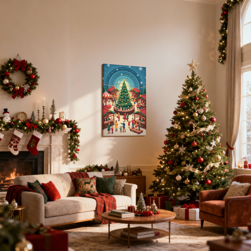 Scène de marché de Noël avec arbre et étals, ensemble de 3 reproductions d'art sur toile, H 30 po x l 20 po