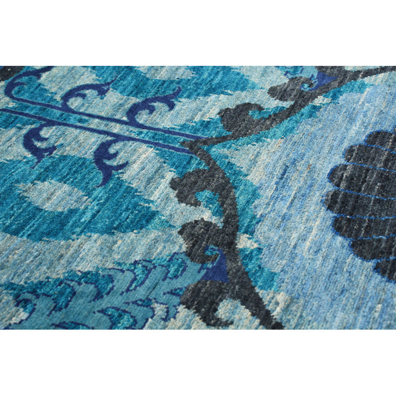 Tapis oriental bleu clair en laine noué à la main Deluna, Rectangle 3 pi 2 po x 5 pi 8 po