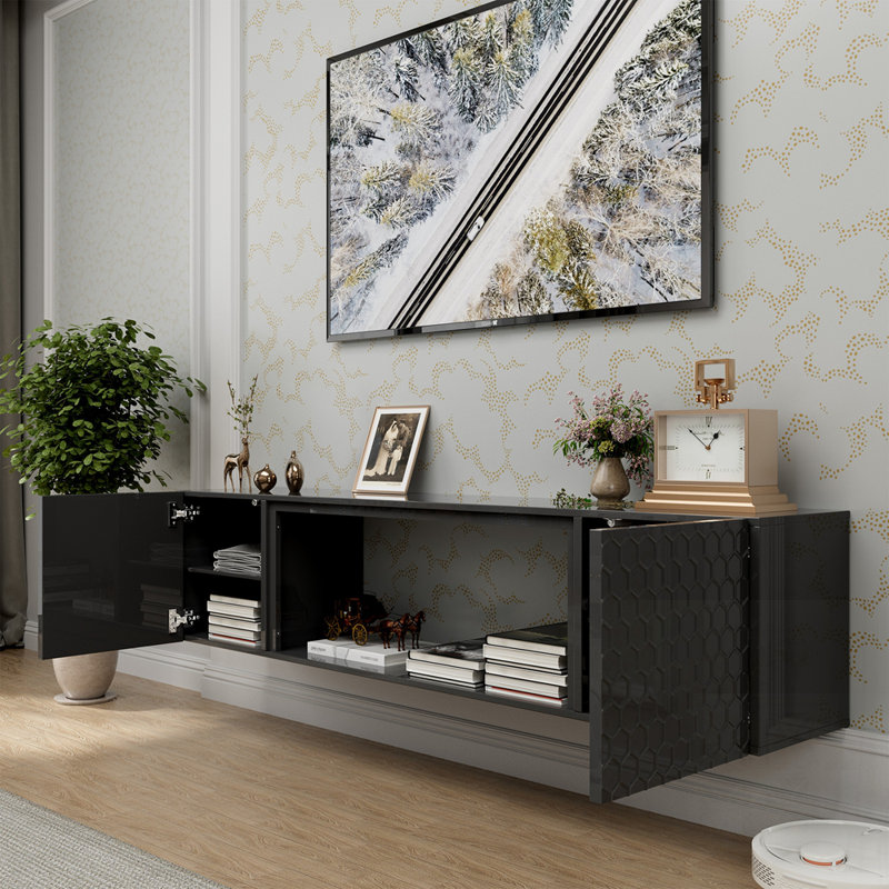 Support mural flottant pour téléviseur - Console en bois robuste, capacité de poids élevée et gestion des câbles cachés, style contemporain