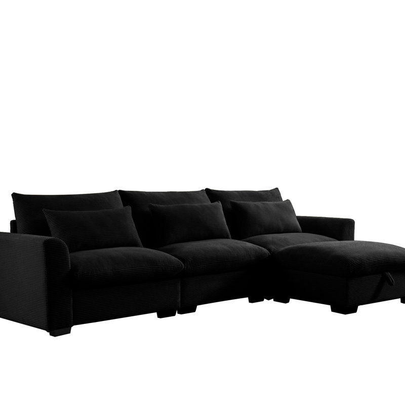 Canapé en L en velours côtelé avec rangement et 3 coussins, noir pour le salon, repose-pieds