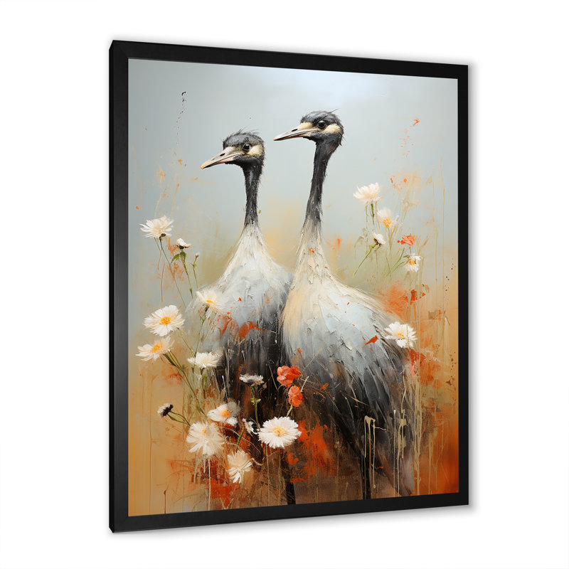 Couple d'autruches avec ombres gracieuses, H 32 po x l 16 po x P 1 po, Cadre simple noir