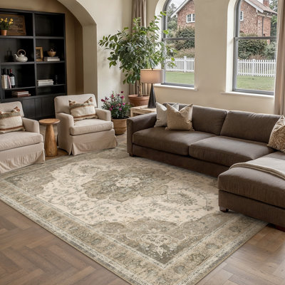 Aurea Vintage Distressed Medallion Washable Area Rug With Non-Slip Backing
