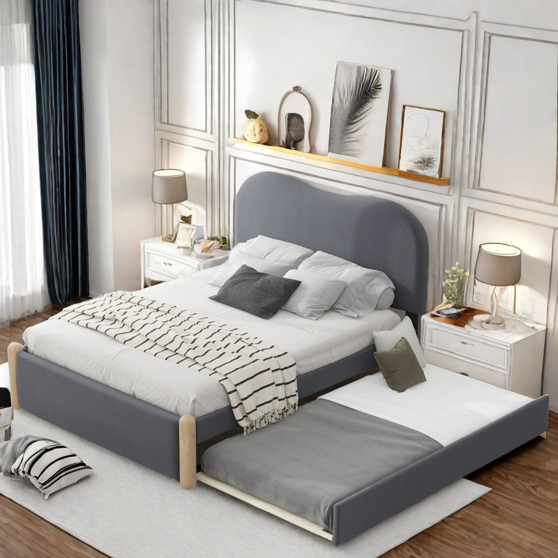 Upholstered Platform Bed with Wood Supporting Feet and Trundle Aevah, Gray, Full