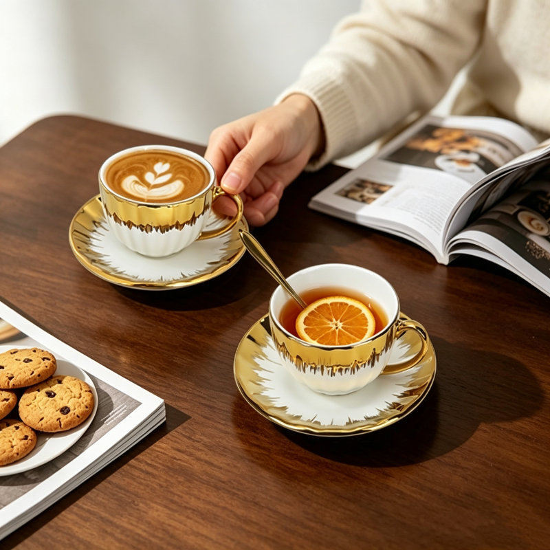 Ensemble de tasse et soucoupe en céramique 3,4 oz avec faîtage vertical et garniture en métal brossé (en forme de citrouille)