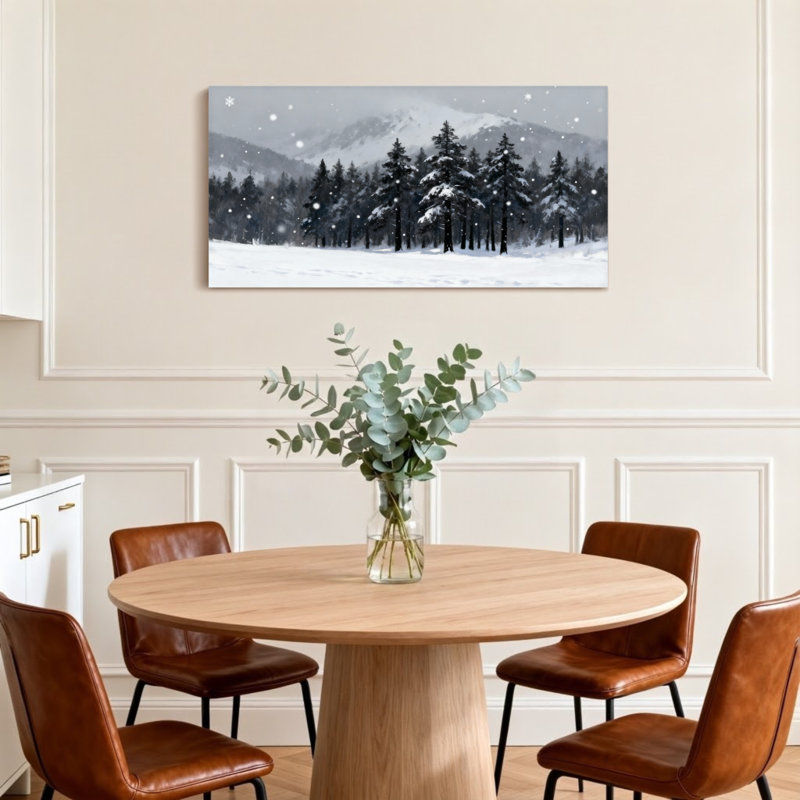 Paysage d'hiver avec paysage de montagnes enneigées et de pins, H 16 po x l 32 po