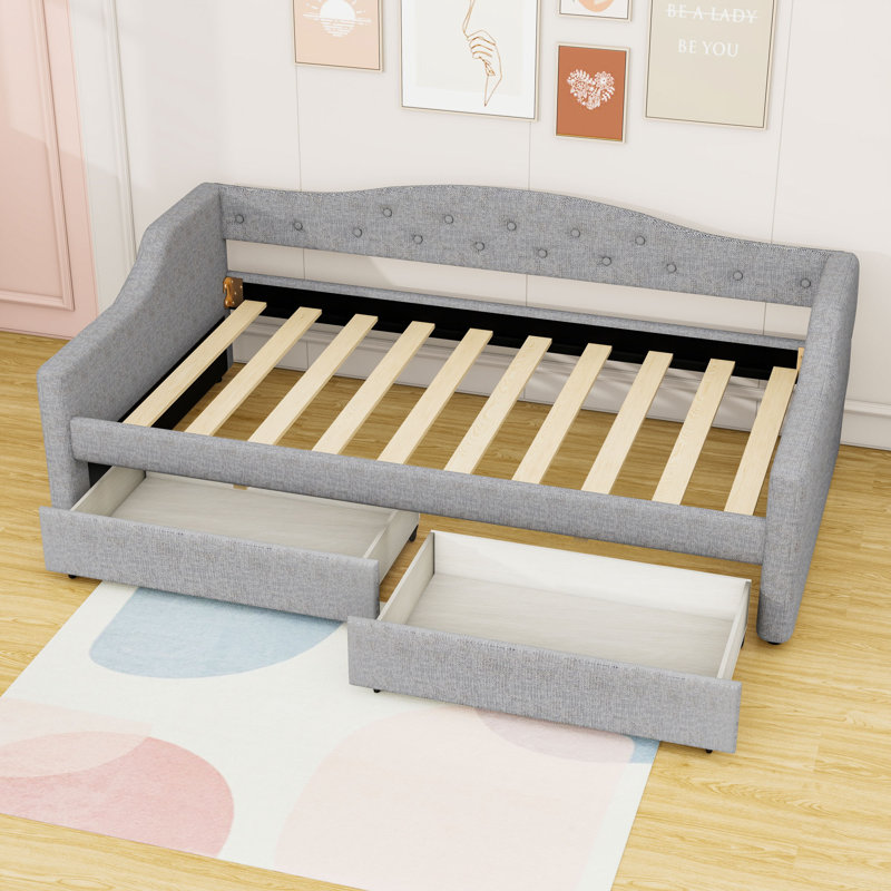 Twin XL Two Drawers Upholstered Daybed with LED Lights, Gray