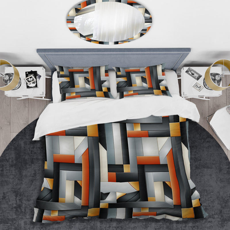 Orange And Grey Geometric Chic Pattern Geometric Shapes Duvet Cover, King Duvet Cover + 2 King Shams