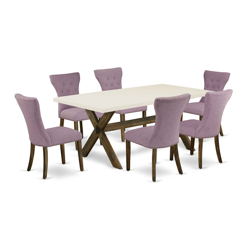 7 Piece Kitchen Table Set Consist of a Rectangle Dining Table with X-Legs and 6 Dahlia Linen Fabric Parson Dining Room Chairs, Distressed Jacobean