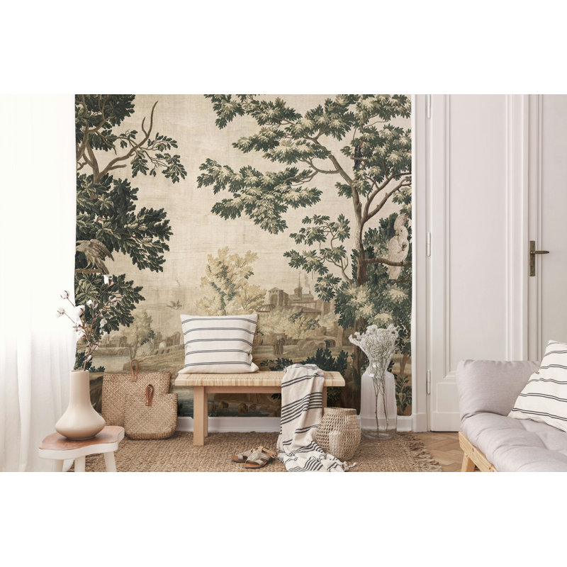 Papier peint rétro avec paysage, arbres, oiseaux et scène sereine, L 140 po x L 108 po