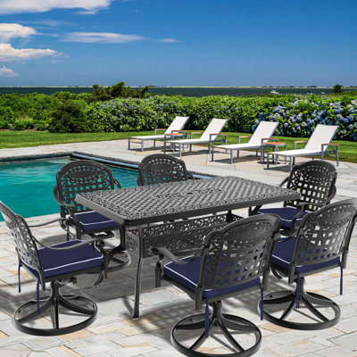7 chaises d'extérieur en fonte d'aluminium: 6 chaises rotatives et table rectangulaire, noire, résistante aux intempéries, assise confortable, 350 lb par chaise, capacité de 160 lb pour la table, coussins résistants aux intempéries