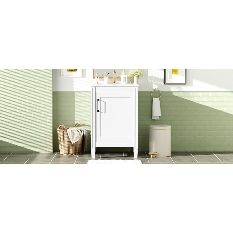 Meuble-lavabo moderne blanc de 20 po avec lavabo en céramique, double tablette montée sur la porte et poignées autoportantes en alliage de zinc avec tiroir coulissant, lavabo à débordement protégé