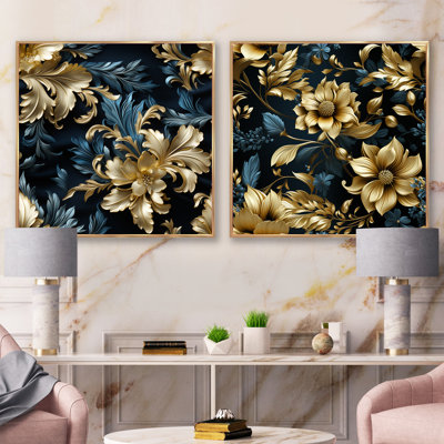 Dark Blue And Golden Techno Damask Realm III - Abstract Botanicals Square Collage Set Of 2