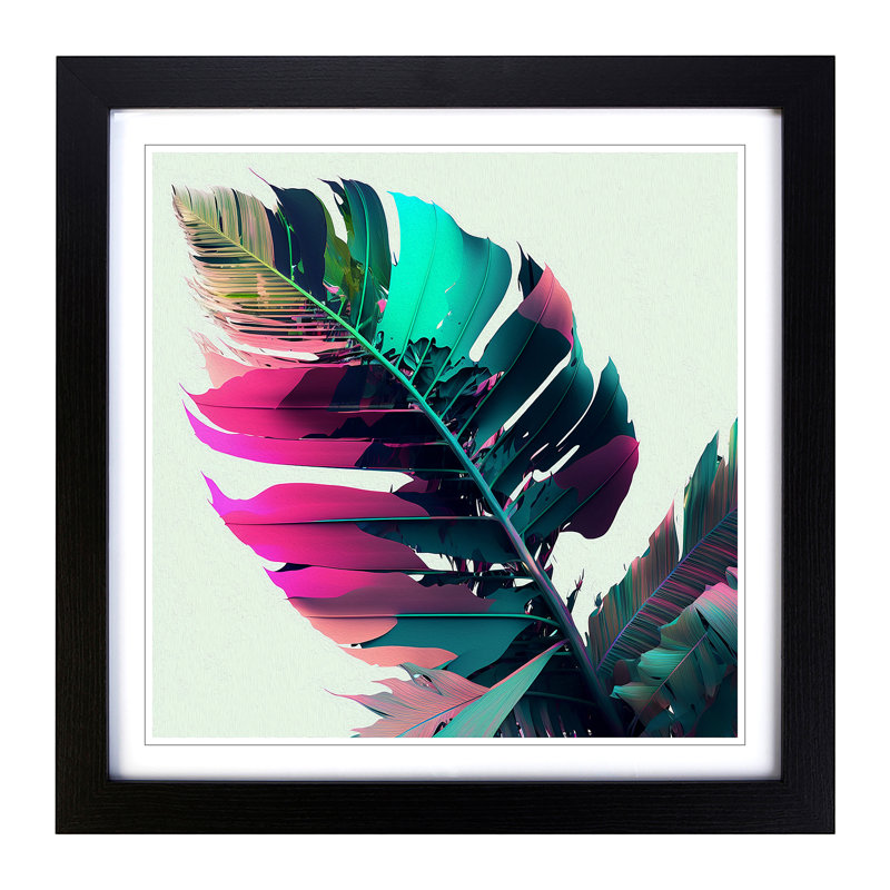 Tropical Leaf Glitch Art - Single Picture Frame Print on Wood, Black