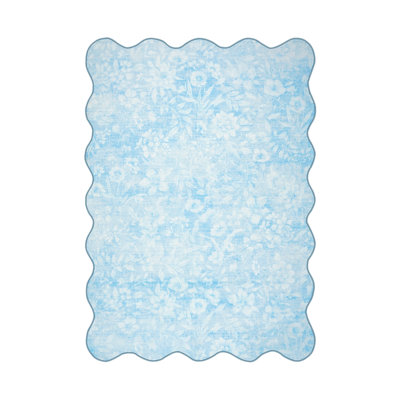  Lahome Scalloped Floral Washable Area Rug for Living Room and Bedroom, Cottagecore Non-Slip Accent Carpet, Soft Printed Botanical Rug in Sky Blue
