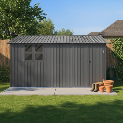 12 FT x 10 FT Rectangular Metal Storage Shed with Window & Built-in Shelves, Grey