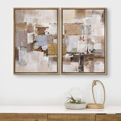 Grunge Abstract Paint Stroke Effect " Mid-Century Pastel Brown Gray Color Blocks " 2 - Pieces