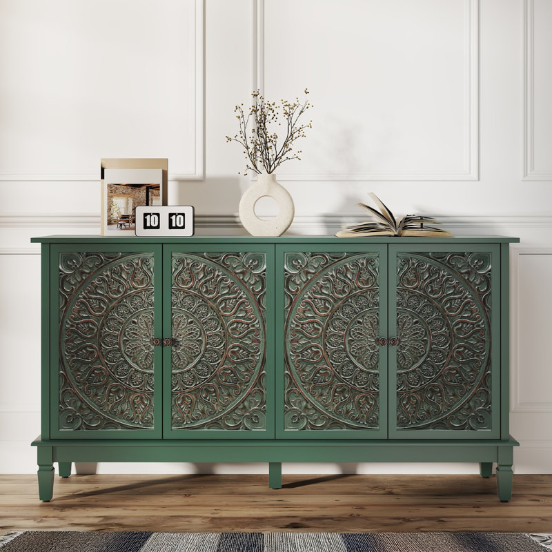 58.3" Carved Sideboard with Door and Solid Wood Legs, Green