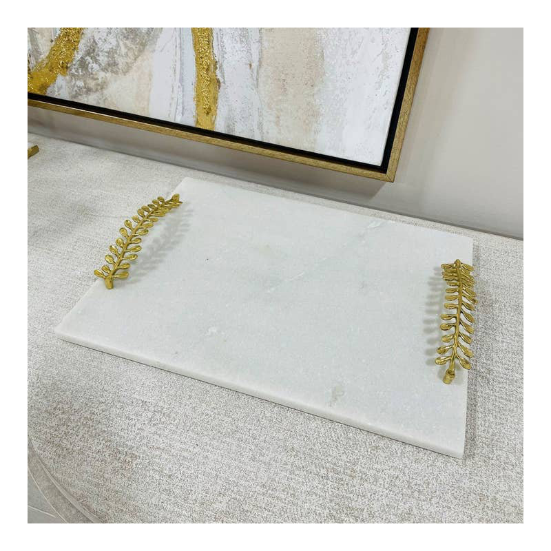 Plateau en marbre avec poignée feuille d'or