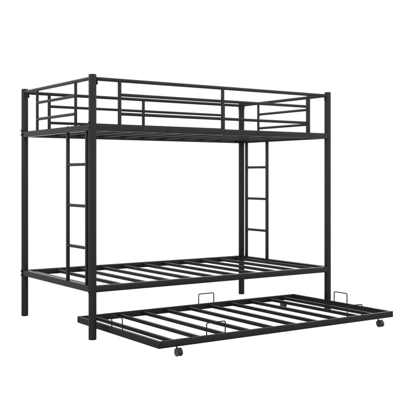 Twin Over Twin Metal Bunk Bed With Trundle, Metal Bed Frame With 2 Ladder And Guardrails, Black