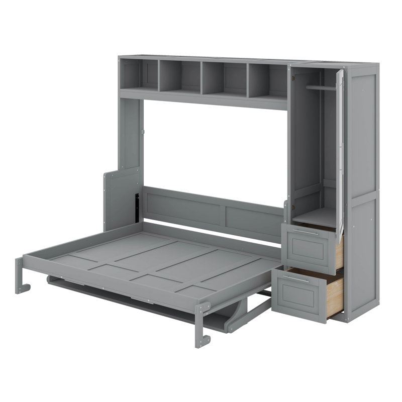 Grand lit escamotable avec placard et tiroirs, Gris